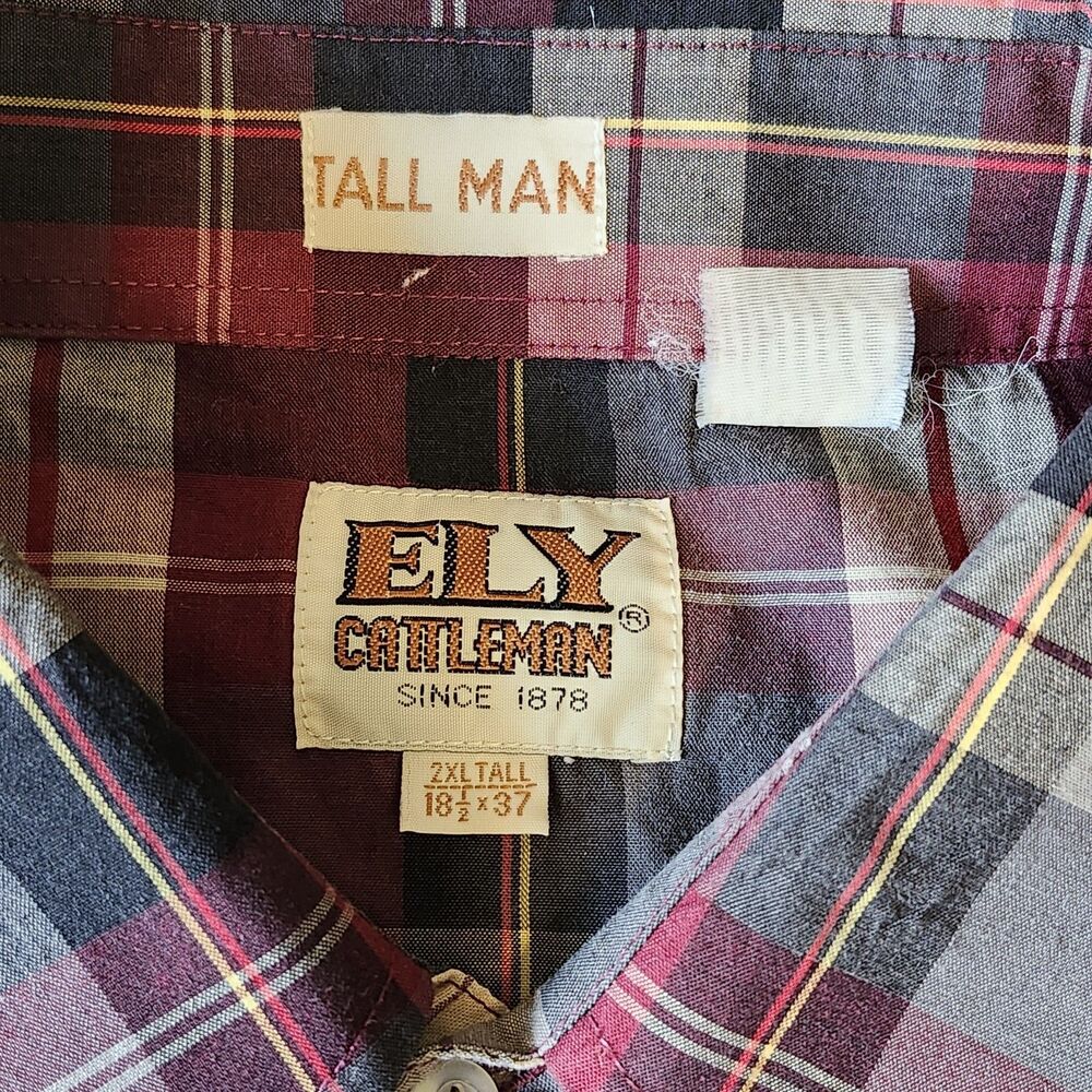 90s Ely Cattleman Tall Man Western Plaid Pearl Snap Long Sleeve Shirt 2XLT - Picture 4 of 9
